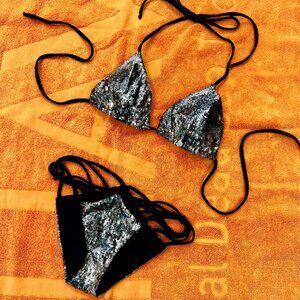 Hale Bob Cabana Bikini Set Swimsuit Silver Sequined